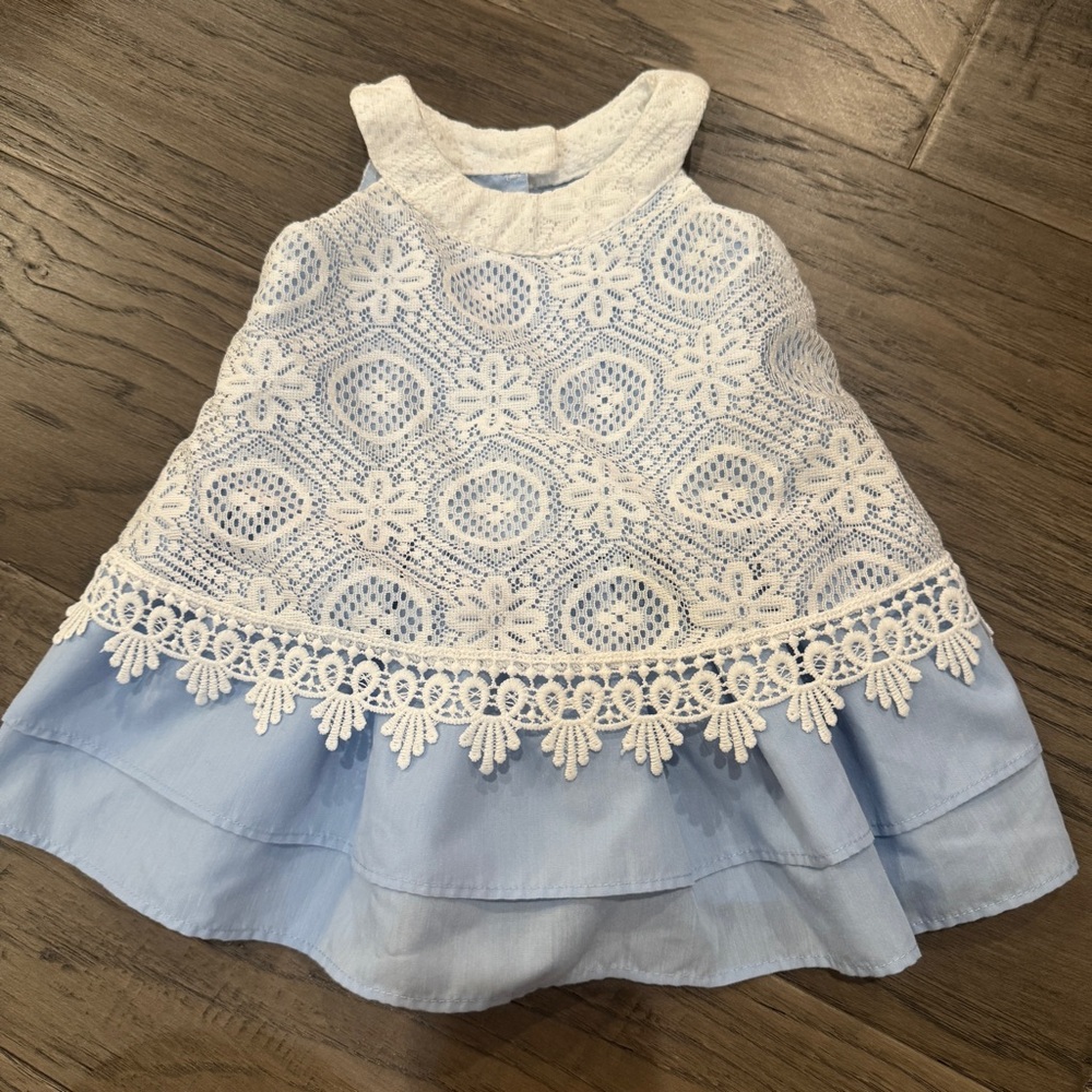 Sweet Heart Rose Ruffled Tiered Halter Sundress in White and Blue 12M